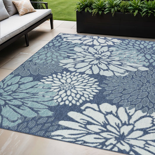 5' X 7' Navy Blue Floral Indoor Outdoor Area Rug