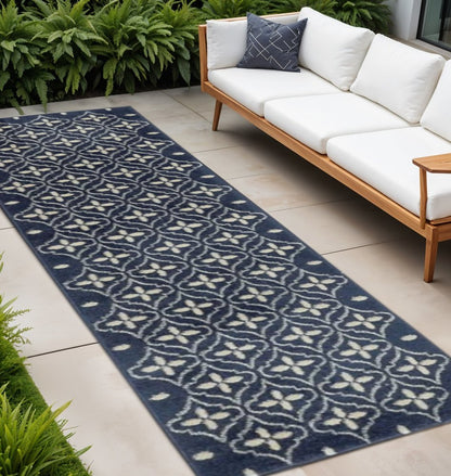 8' Ivory And Navy Blue Geometric Indoor Outdoor Runner Rug HomeRoots