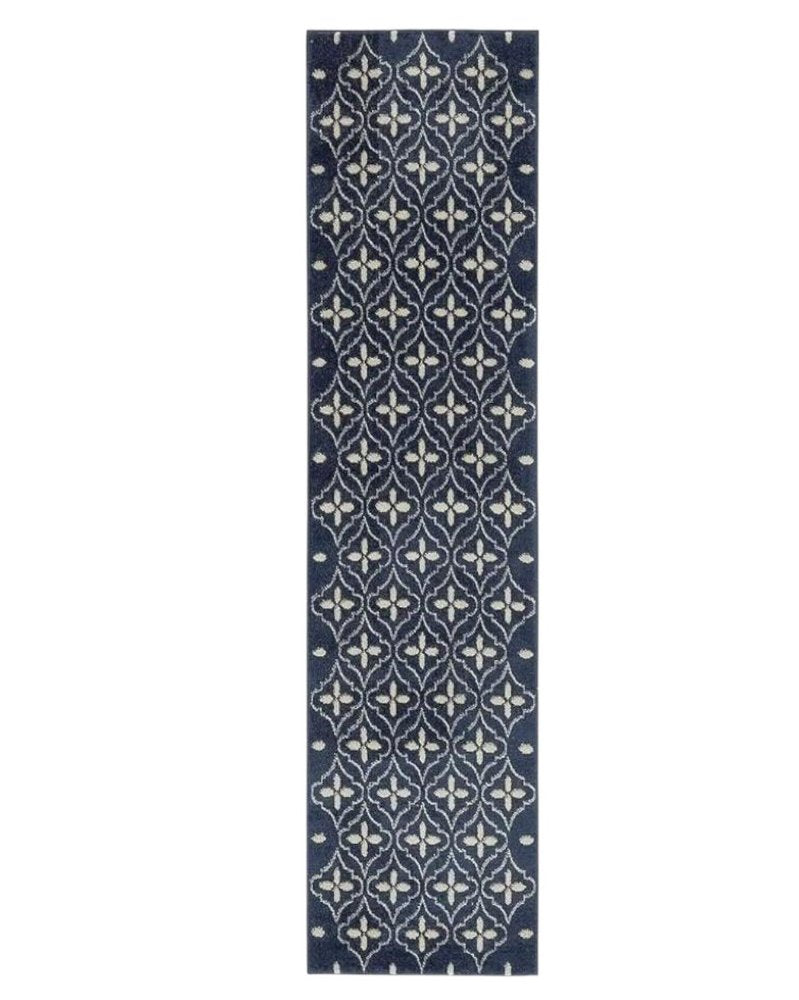 8' Ivory And Navy Blue Geometric Indoor Outdoor Runner Rug HomeRoots