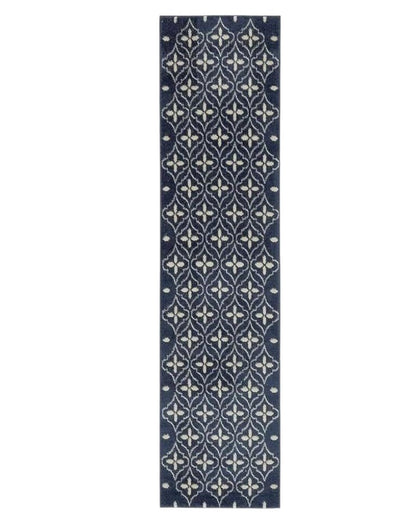 8' Ivory And Navy Blue Geometric Indoor Outdoor Runner Rug HomeRoots
