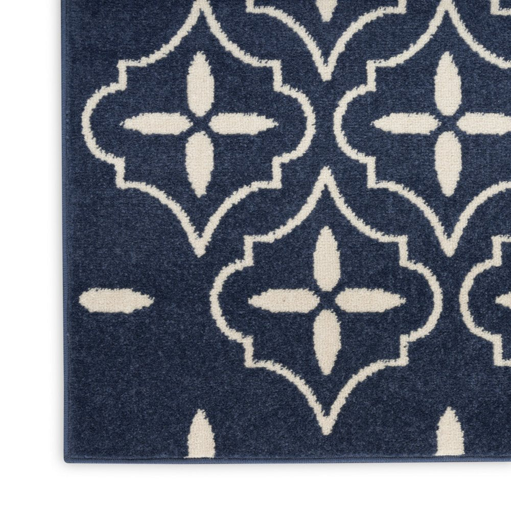 8' Ivory And Navy Blue Geometric Indoor Outdoor Runner Rug HomeRoots
