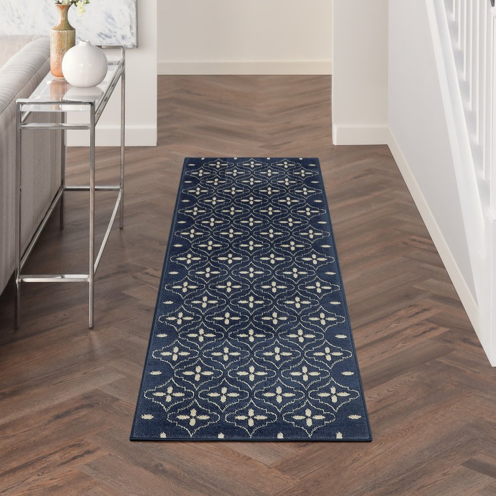 8' Ivory And Navy Blue Geometric Indoor Outdoor Runner Rug HomeRoots