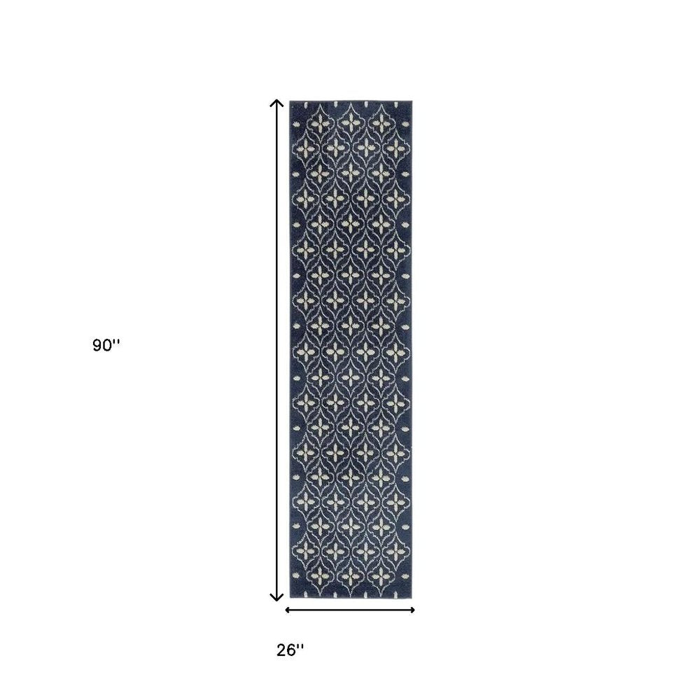 8' Ivory And Navy Blue Geometric Indoor Outdoor Runner Rug HomeRoots