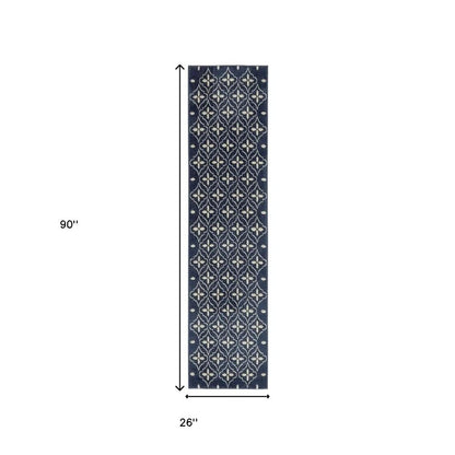 8' Ivory And Navy Blue Geometric Indoor Outdoor Runner Rug HomeRoots