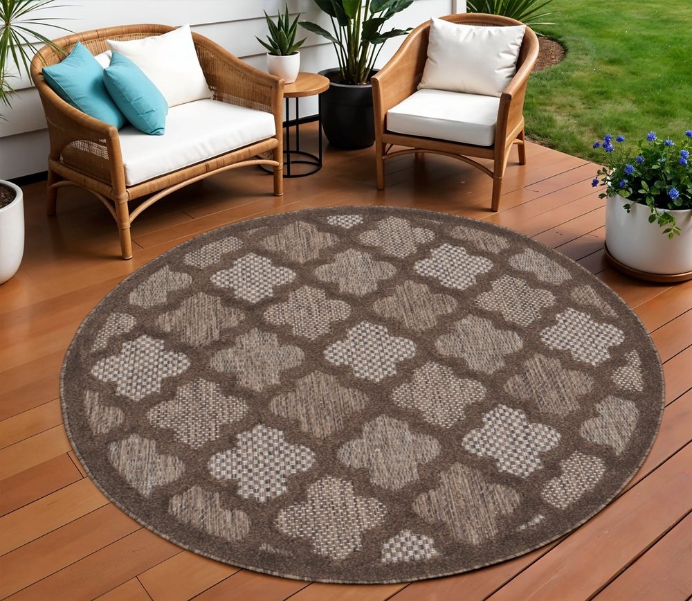 8' Brown Round Geometric Indoor Outdoor Area Rug HomeRoots