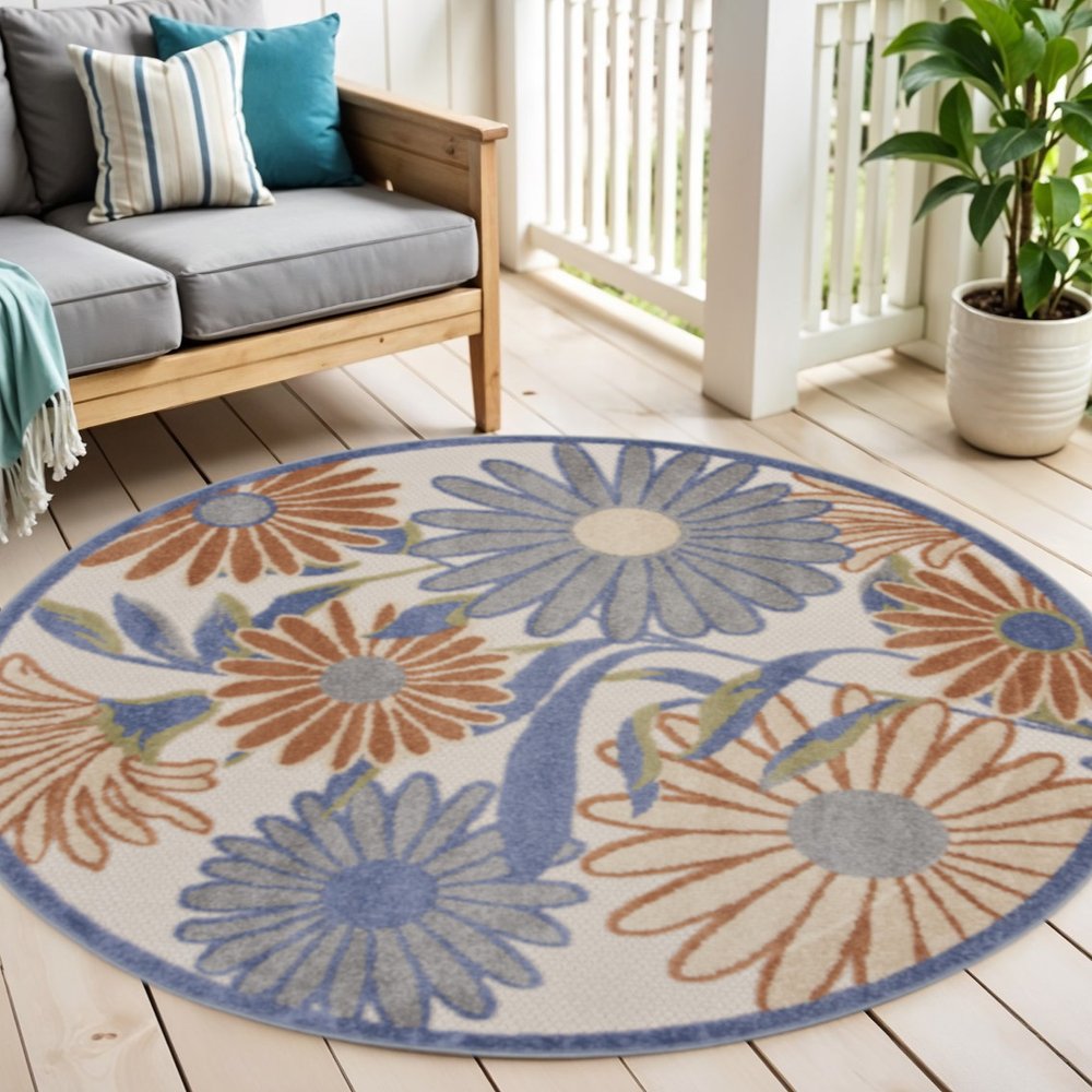 5' Beige Round Floral Indoor Outdoor Area Rug — view 4