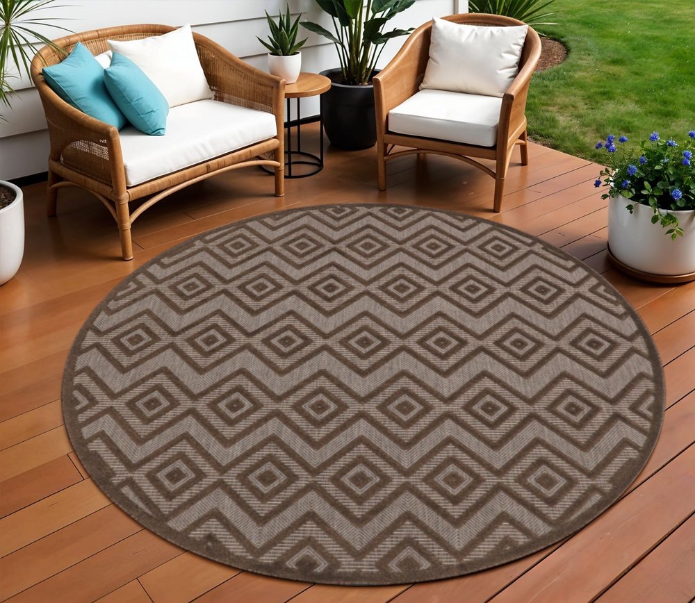 8' Brown Round Geometric Indoor Outdoor Area Rug — view 3