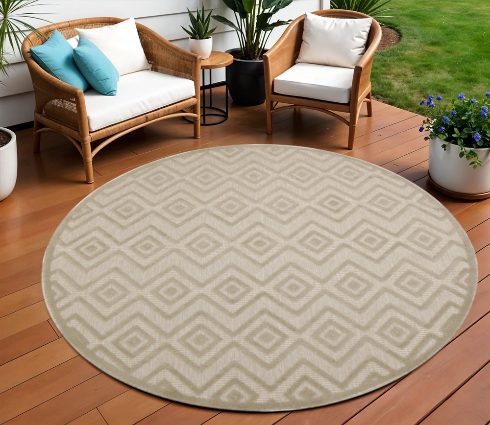 8' Cream Round Geometric Indoor Outdoor Area Rug HomeRoots