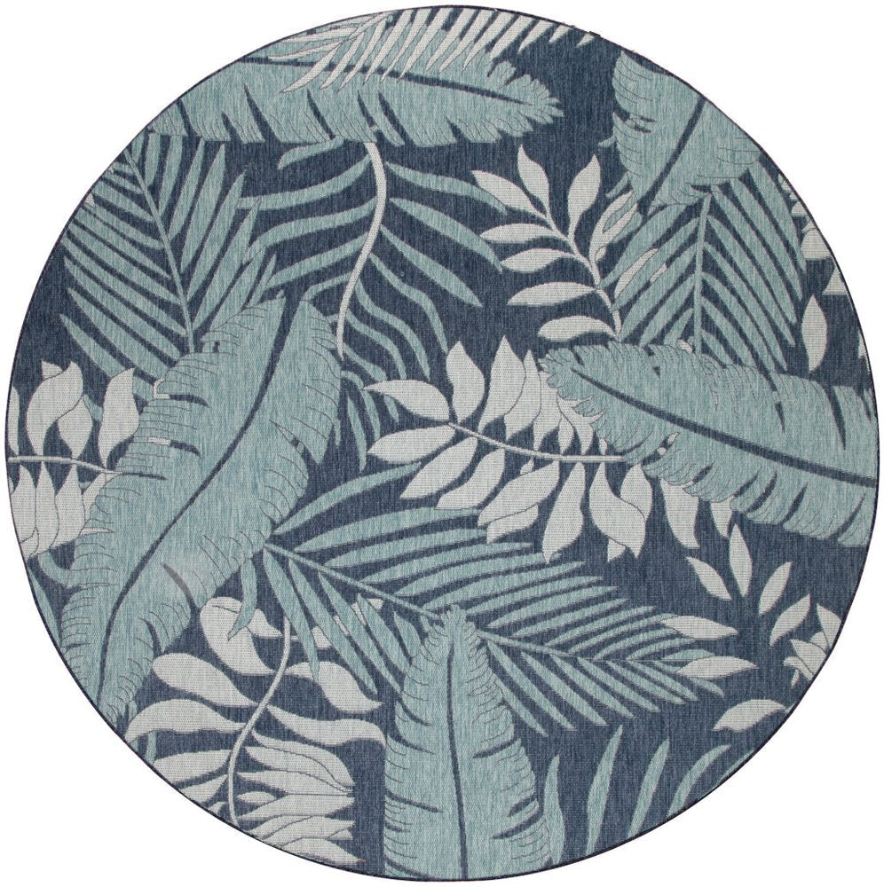 8' Navy Blue And Ivory Round Floral Indoor Outdoor Area Rug HomeRoots