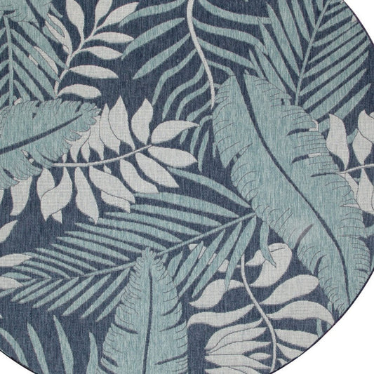 8' Navy Blue And Ivory Round Floral Indoor Outdoor Area Rug
