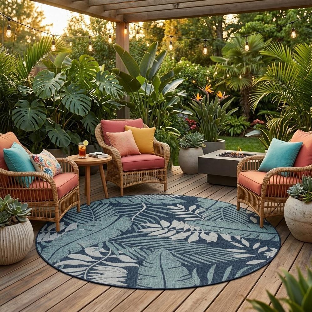 8' Navy Blue And Ivory Round Floral Indoor Outdoor Area Rug — view 12