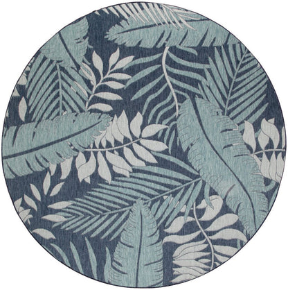 8' Navy Blue And Ivory Round Floral Indoor Outdoor Area Rug HomeRoots