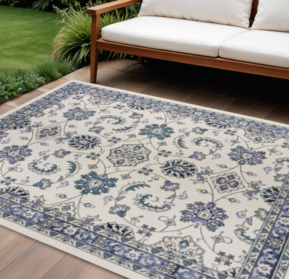 6' X 9' Ivory And Blue Floral Indoor Outdoor Area Rug — view 3