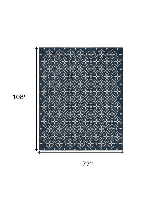 6' X 9' Navy Blue And Ivory Geometric Indoor Outdoor Area Rug
