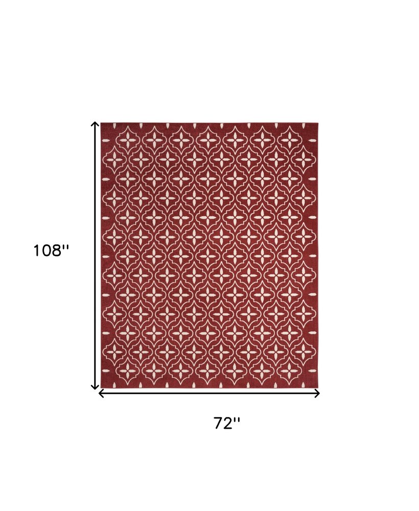6' X 9' Brick Red And Ivory Geometric Indoor Outdoor Area Rug — view 1