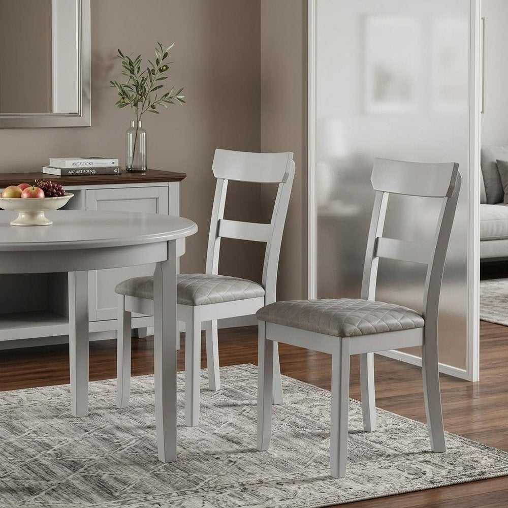 Set of Two Gray Tufted Fabric And Solid Wood Ladder Back Dining Side Chairs HomeRoots