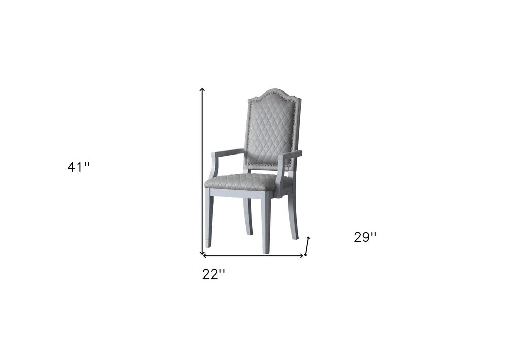 Set of Two Gray Tufted Fabric And Solid Wood Dining Arm Chairs — view 8