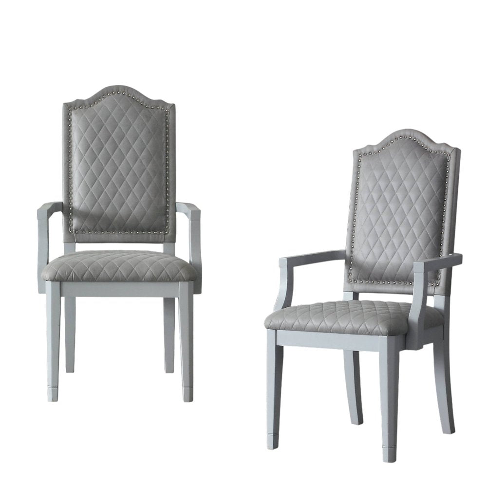 Set of Two Gray Tufted Fabric And Solid Wood Dining Arm Chairs — view 9