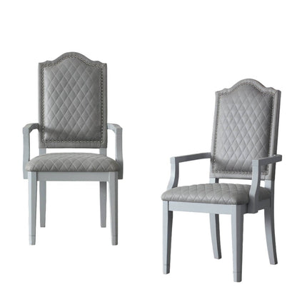 Set of Two Gray Tufted Fabric And Solid Wood Dining Arm Chairs HomeRoots