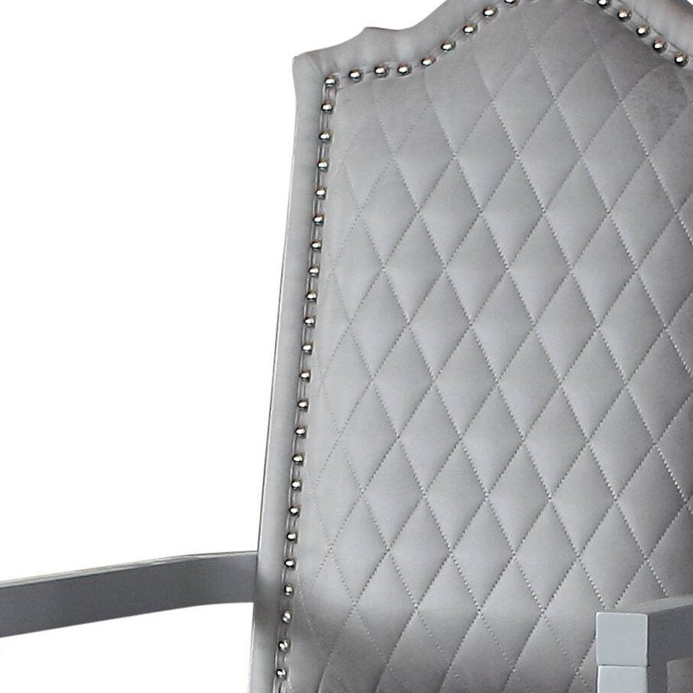 Set of Two Gray Tufted Fabric And Solid Wood Dining Arm Chairs — view 6