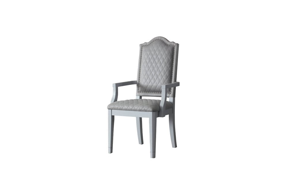 Set of Two Gray Tufted Fabric And Solid Wood Dining Arm Chairs HomeRoots