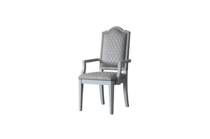 Set of Two Gray Tufted Fabric And Solid Wood Dining Arm Chairs HomeRoots