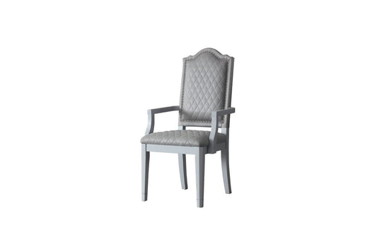 Set of Two Gray Tufted Fabric And Solid Wood Dining Arm Chairs