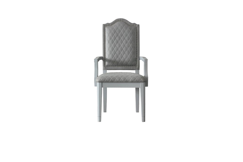 Set of Two Gray Tufted Fabric And Solid Wood Dining Arm Chairs HomeRoots