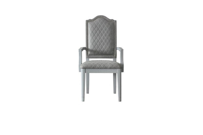 Set of Two Gray Tufted Fabric And Solid Wood Dining Arm Chairs HomeRoots