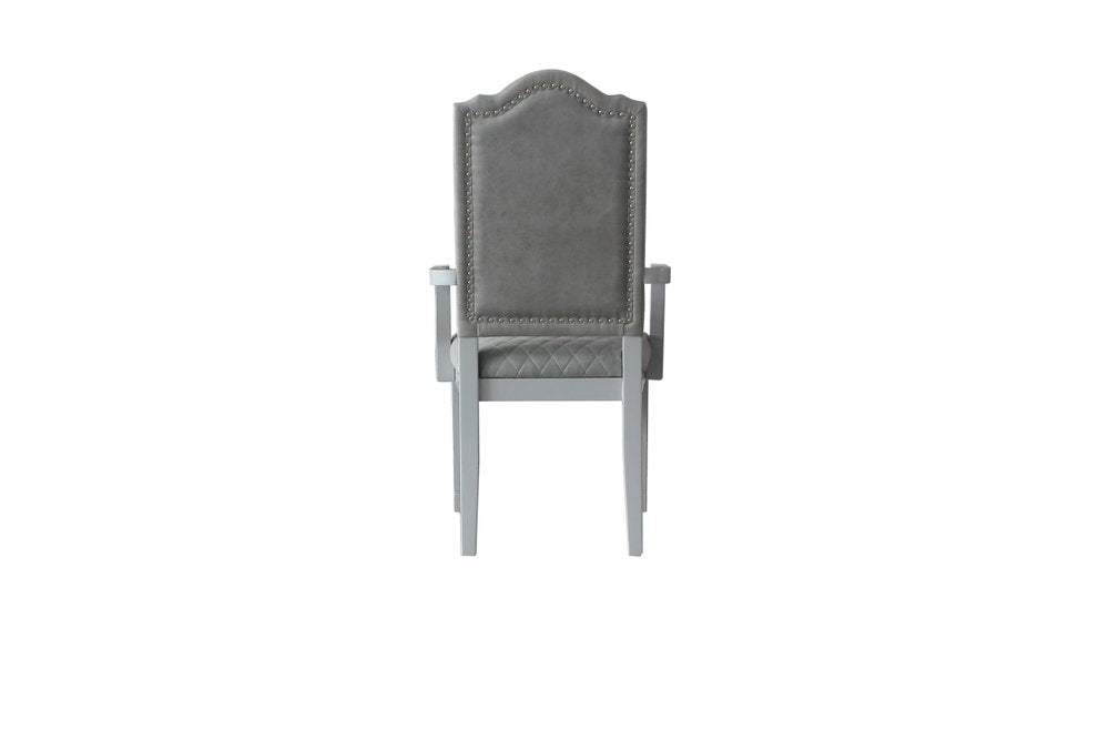 Set of Two Gray Tufted Fabric And Solid Wood Dining Arm Chairs HomeRoots