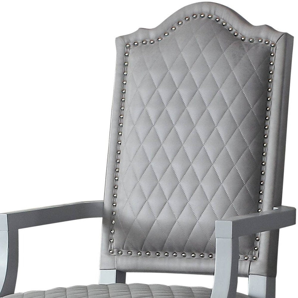 Set of Two Gray Tufted Fabric And Solid Wood Dining Arm Chairs — view 7