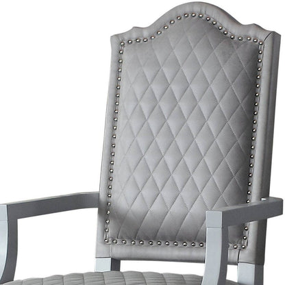 Set of Two Gray Tufted Fabric And Solid Wood Dining Arm Chairs HomeRoots