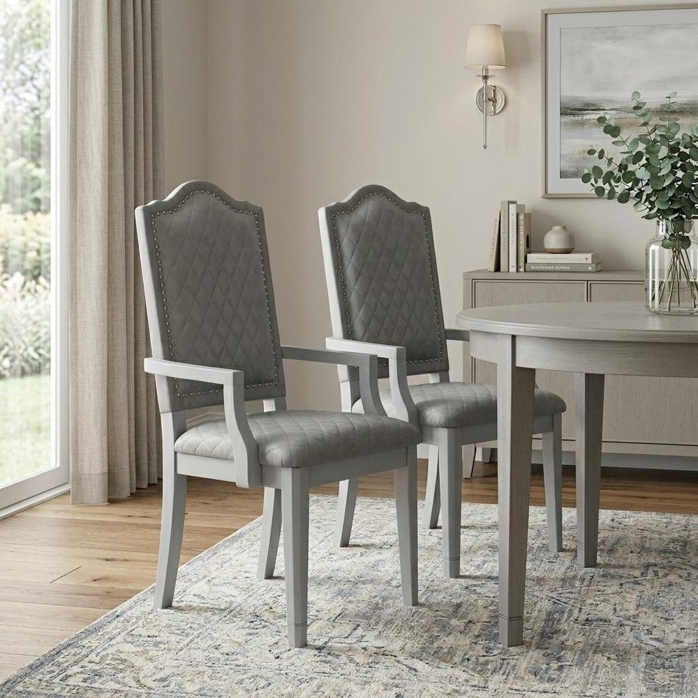 Set of Two Gray Tufted Fabric And Solid Wood Dining Arm Chairs — view 11