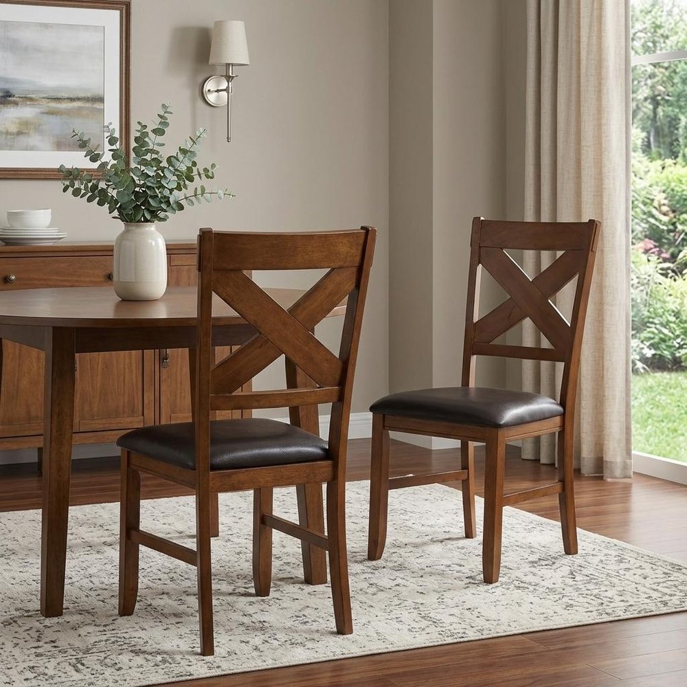 Set of Two Espresso And Walnut Faux Leather And Solid Wood Cross Back Dining Side Chairs HomeRoots