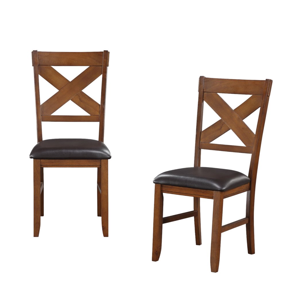 Set of Two Espresso And Walnut Faux Leather And Solid Wood Cross Back Dining Side Chairs HomeRoots