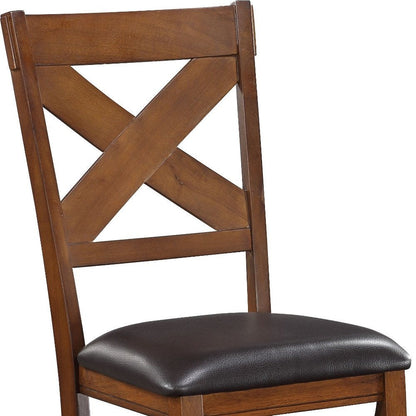 Set of Two Espresso And Walnut Faux Leather And Solid Wood Cross Back Dining Side Chairs HomeRoots