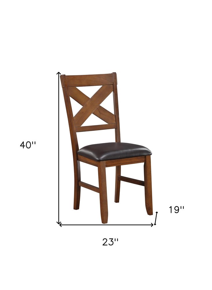 Set of Two Espresso And Walnut Faux Leather And Solid Wood Cross Back Dining Side Chairs HomeRoots
