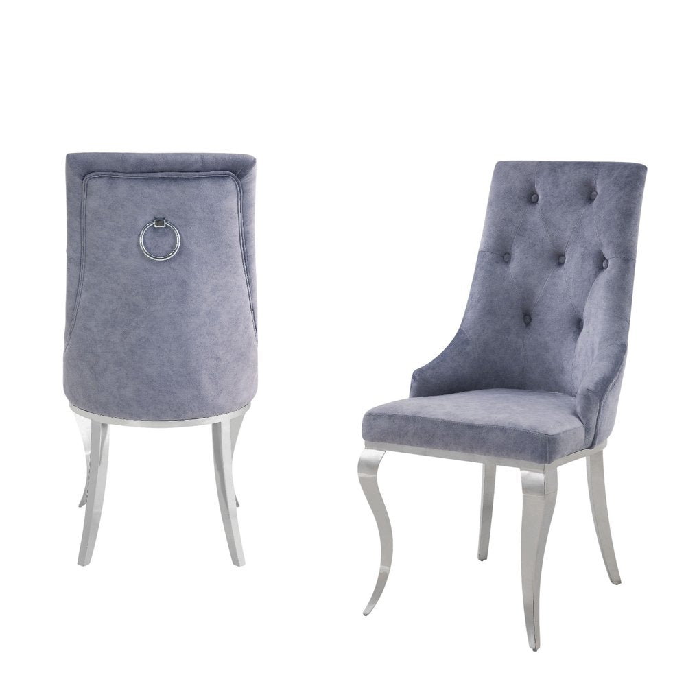 Set of Two Green And Silver Tufted Fabric And Stainless Steel Dining Side Chairs HomeRoots