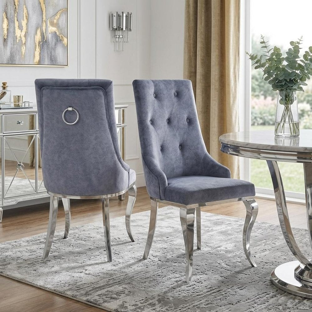 Set of Two Green And Silver Tufted Fabric And Stainless Steel Dining Side Chairs HomeRoots
