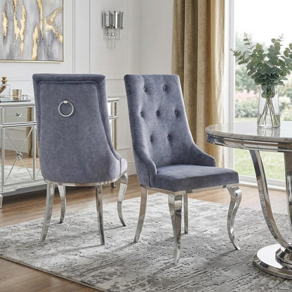 Set of Two Green And Silver Tufted Fabric And Stainless Steel Dining Side Chairs HomeRoots