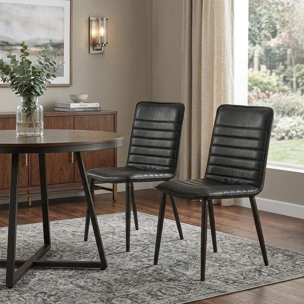 Set of Two Black Leather And Metal Dining Side Chairs HomeRoots
