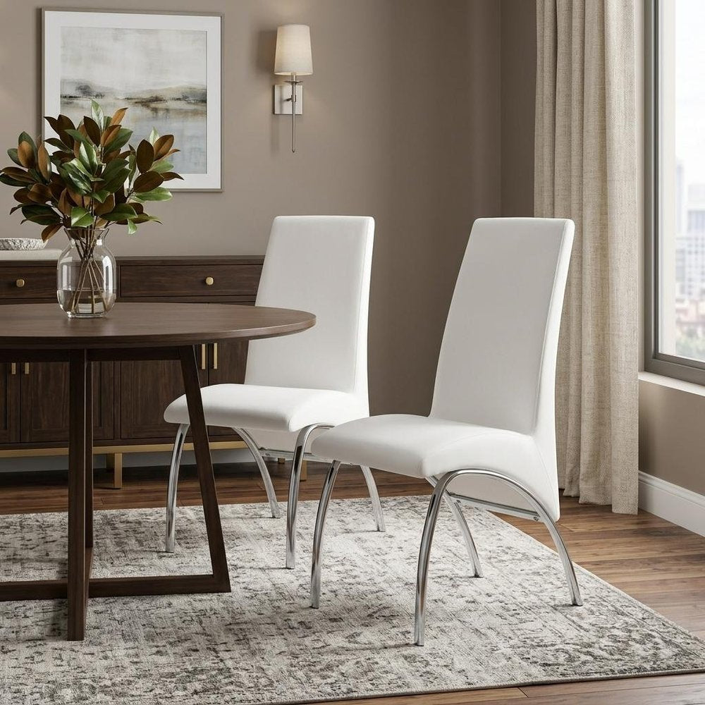 Set of Two White And Silver Faux Leather And Metal Dining Side Chairs HomeRoots