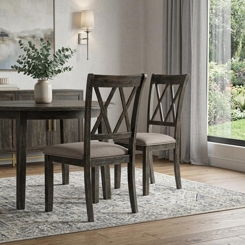 Set of Two Gray Linen And Solid Wood Cross Back Dining Side Chairs HomeRoots