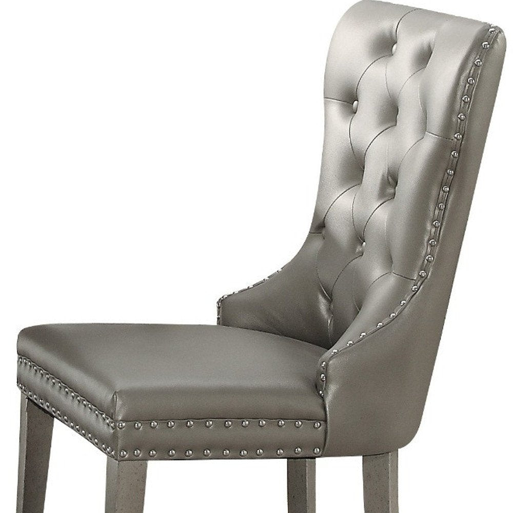 Set of Two Champagne Tufted Faux Leather And Solid Wood Wing Back Dining Side Chairs — view 3