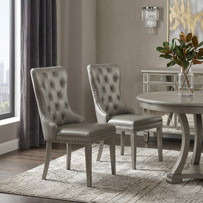 Set of Two Champagne Tufted Faux Leather And Solid Wood Wing Back Dining Side Chairs HomeRoots