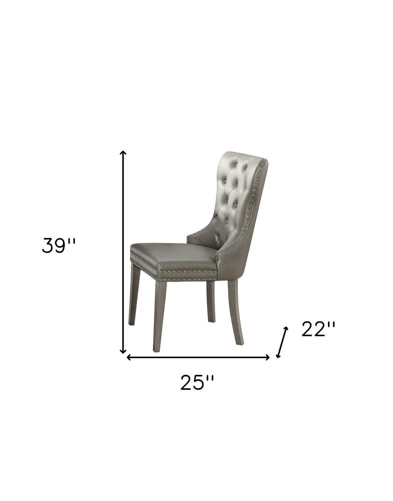 Set of Two Champagne Tufted Faux Leather And Solid Wood Wing Back Dining Side Chairs HomeRoots