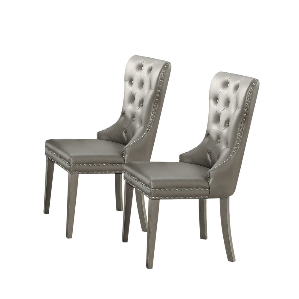 Set of Two Champagne Tufted Faux Leather And Solid Wood Wing Back Dining Side Chairs — view 5