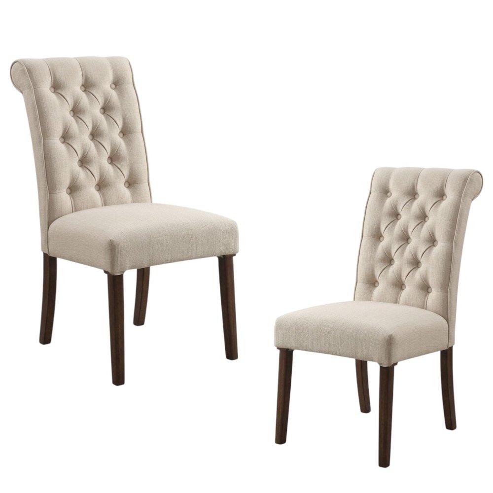 Set of Two Tufted Beige and Brown Upholstered Linen And Solid Wood Dining Side Chairs HomeRoots
