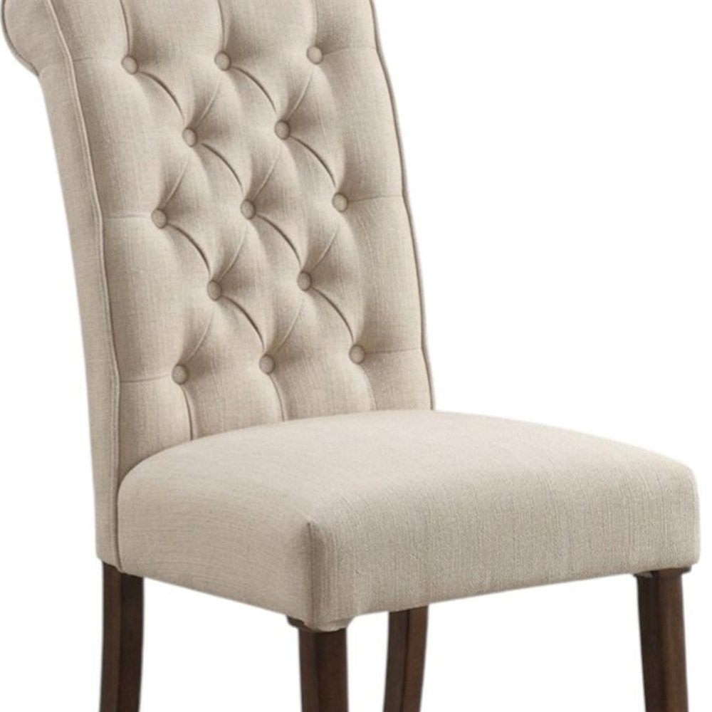 Set of Two Tufted Beige and Brown Upholstered Linen And Solid Wood Dining Side Chairs HomeRoots