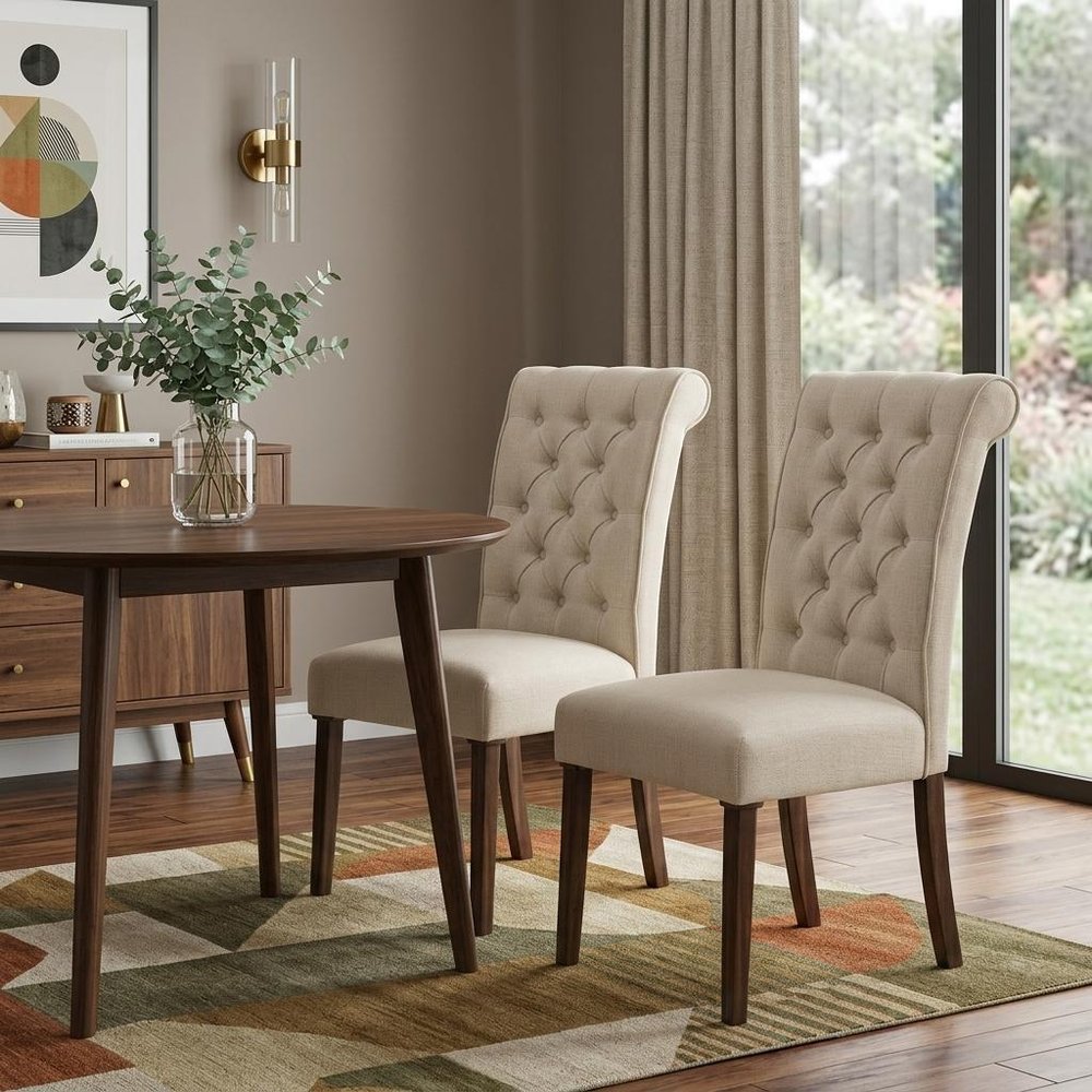 Set of Two Tufted Beige and Brown Upholstered Linen And Solid Wood Dining Side Chairs HomeRoots